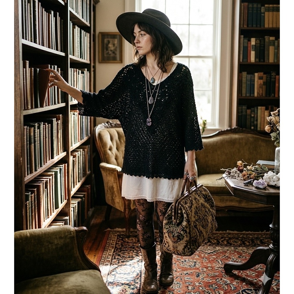 Handcrafted Black Crochet Knit Tunic V-Neck Boho Witchy Fairycore Vintage